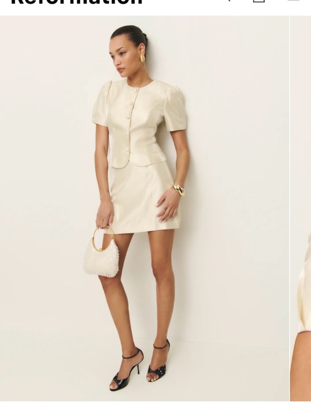 Reformation Mika Two Piece, Cream Mini Skirt - Neutral Satin Finish - Picture 2 of 12